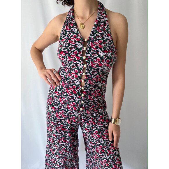 90s vintage red floral print summer halter flared pant button up jumpsuit romper - Picture 6 of 9
